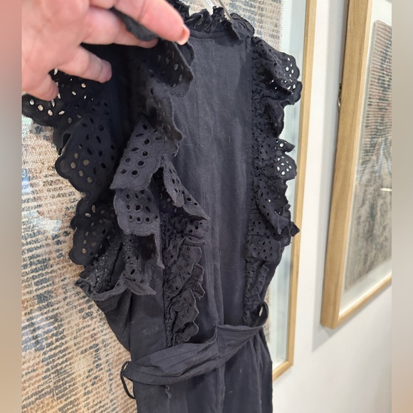 Apiece Apart Black Ruffle Jumpsuit Eyelet Size 0 Belted Pockets Minimalist Boho - Picture 8 of 10